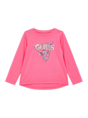 Guess Maglietta Maniche Lunghe stretch logo triangolo con paillettes Rosa Bambina