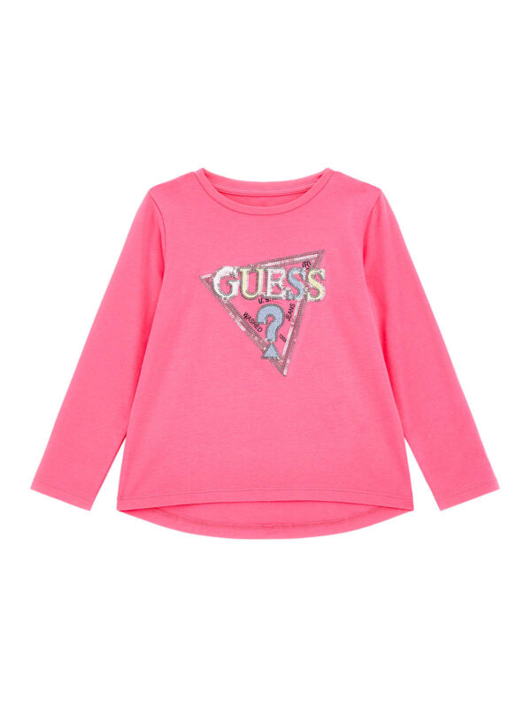 Guess Maglietta Maniche Lunghe stretch logo triangolo con paillettes Rosa Bambina