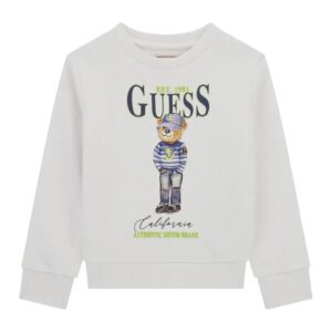 Felpa sportiva da bambino mini in bianco con un orsetto e la scritta Guess