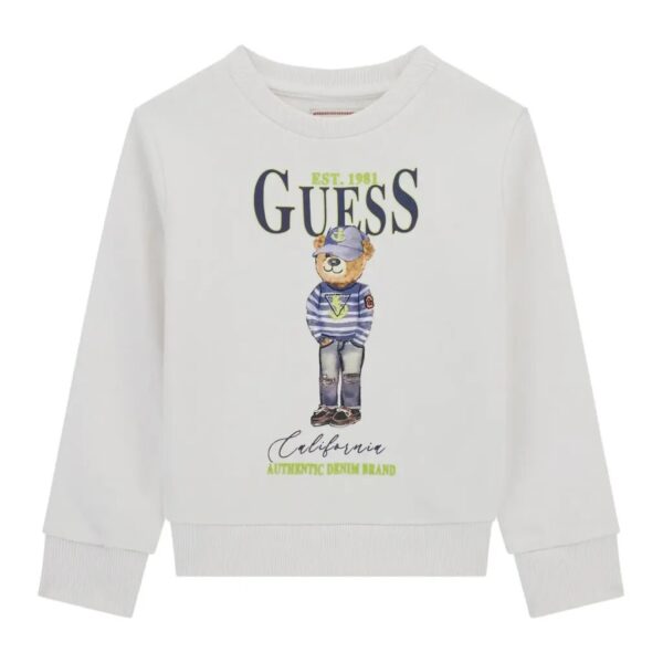 Felpa sportiva da bambino mini in bianco con un orsetto e la scritta Guess