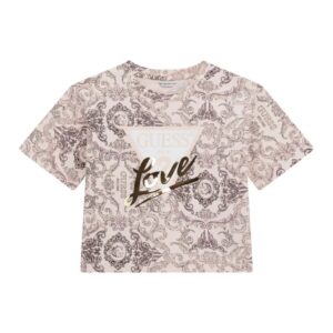 T-shirt corta in rosa pallido ricoperta di dettagli, con scritta lucida LOVE Guess