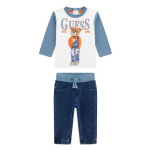 Blusa con orsetto bicolore per neonato di Guess e pantaloni in denim