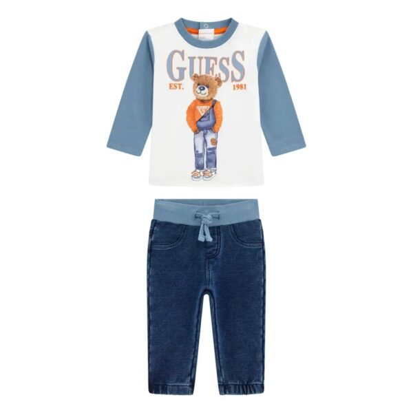Blusa con orsetto bicolore per neonato di Guess e pantaloni in denim