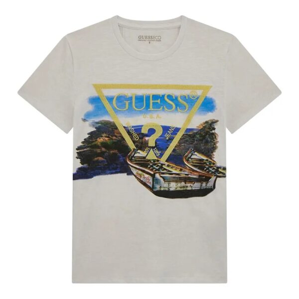 Guess T-shirt bianca con paesaggio per bambini e logo
