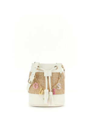 Borsa a secchiello Guess Girl in paglia, bianca