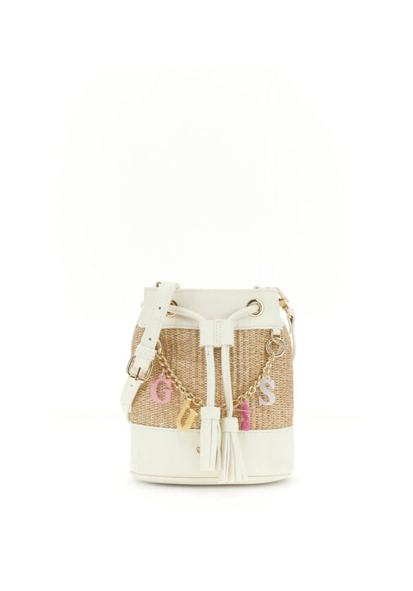 Borsa a secchiello Guess Girl in paglia, bianca