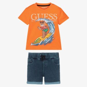 Guess Set con maglietta Arancione e pantaloncini in denim Bambino
