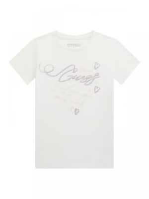 Guess t-shirt kids-junior bianca con logo corsivo e strass