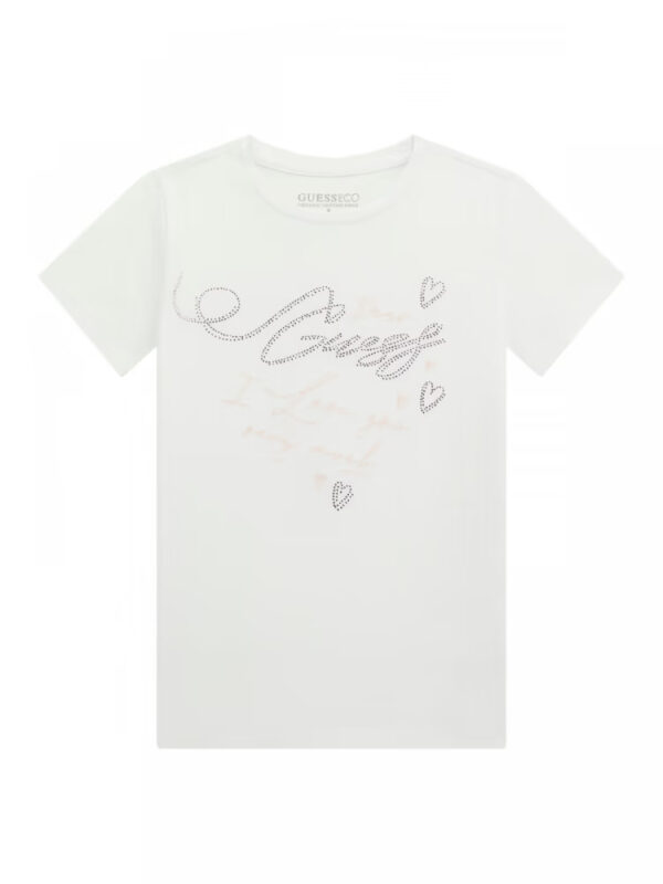 Guess t-shirt kids-junior bianca con logo corsivo e strass