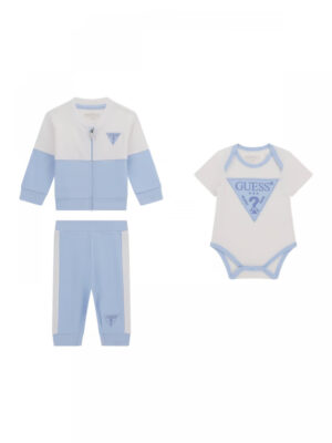 Guess set infant 3 pezzi felpa pantalone e body celeste/bianco